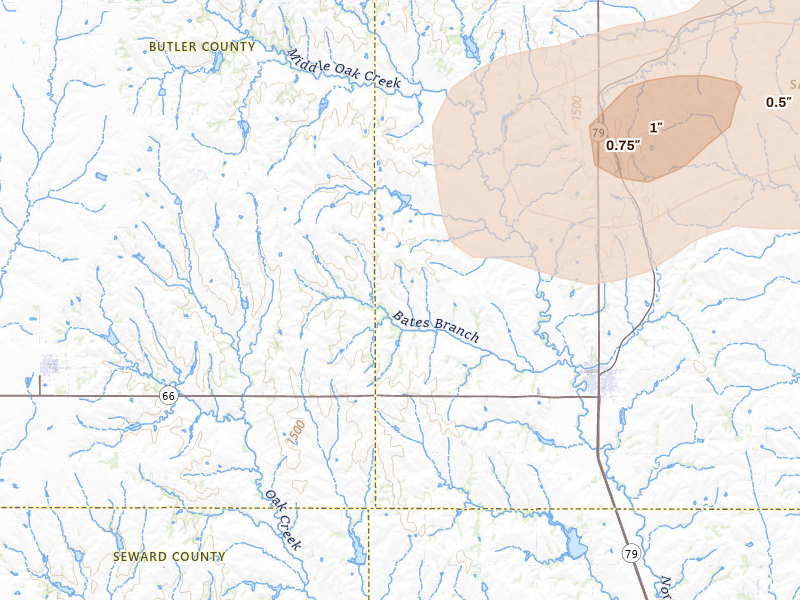 Radar-estimated hail-size map of the storm over Valparaiso, NE on Jul 3, 2026