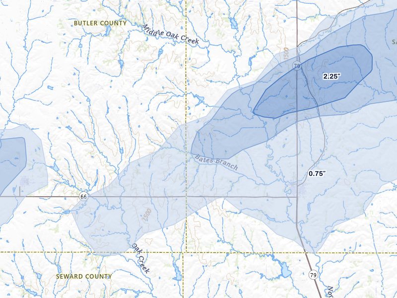 NEXRAD radar-signature map of the hail storm over Valparaiso, NE on Jul 3, 2026