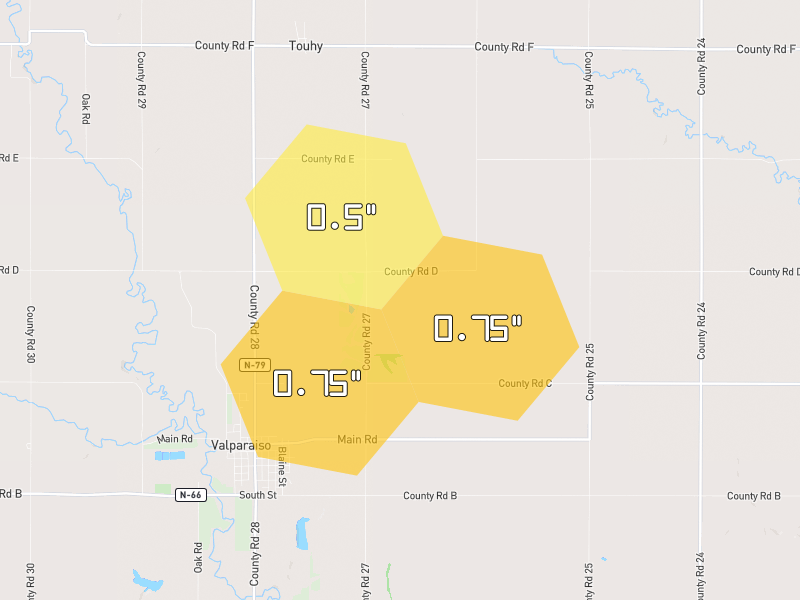 Hail map of Valparaiso, NE on Jul 3, 2026, hail up to 0.75"