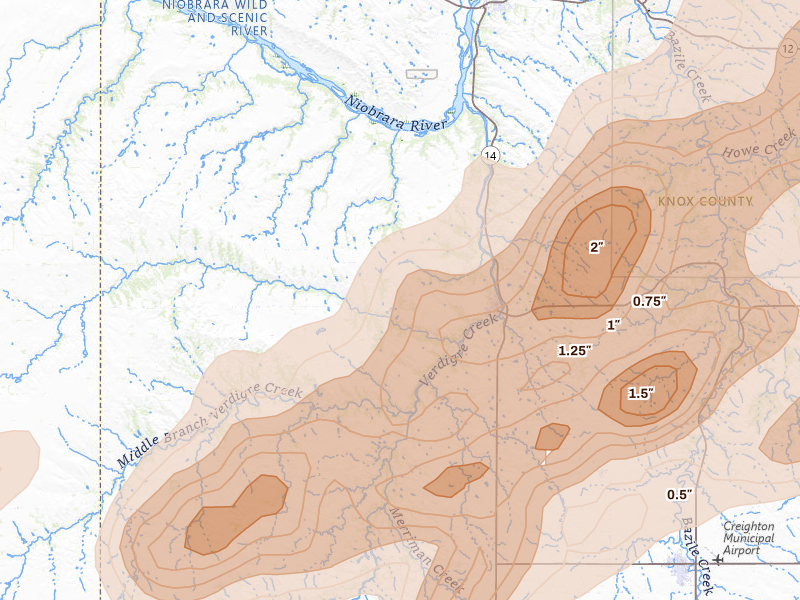Radar-estimated hail-size map of the storm over Verdigre, NE on Jun 29, 2026