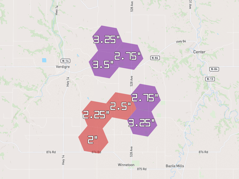 Hail map of Verdigre, NE on Jun 30, 2026, hail up to 3.5"