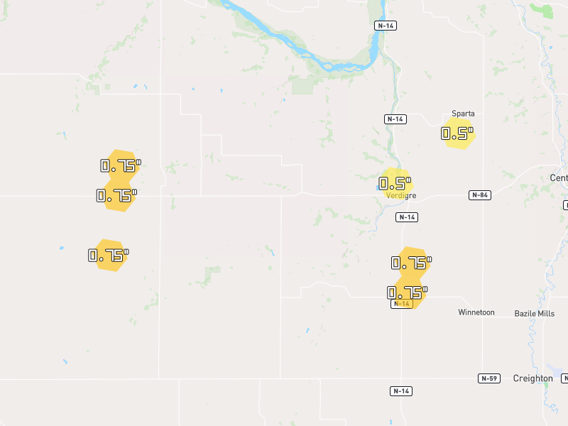 Hail map of Verdigre, NE on Jul 1, 2026, hail up to 0.75"