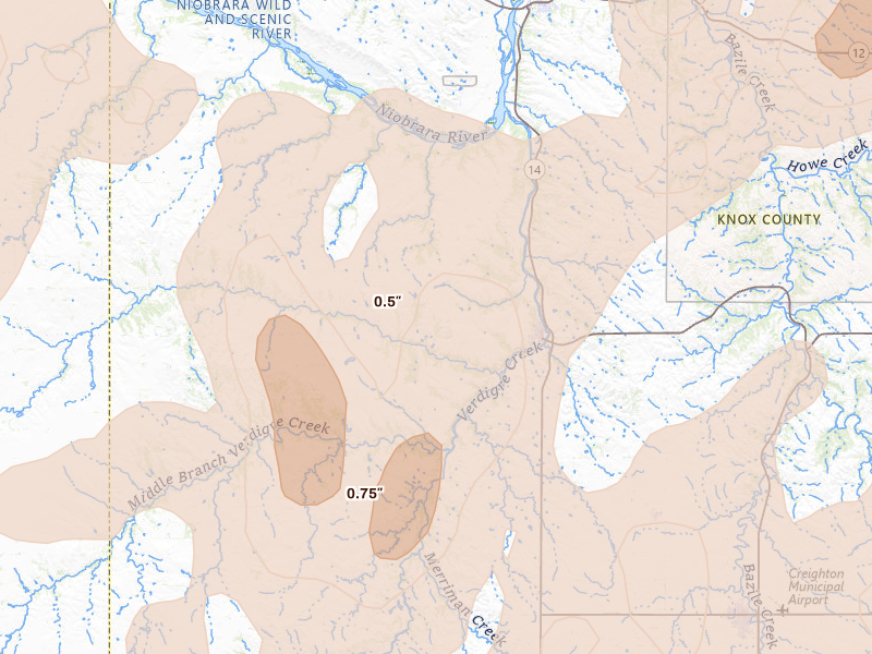 Radar-estimated hail-size map of the storm over Verdigre, NE on Jul 2, 2026