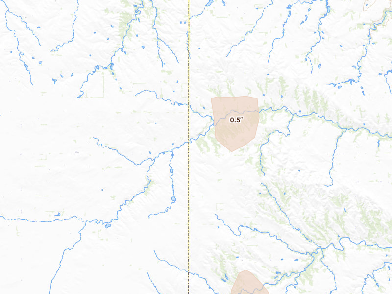 Radar-estimated hail-size map of the storm over Verdigre, NE on Aug 11, 2026