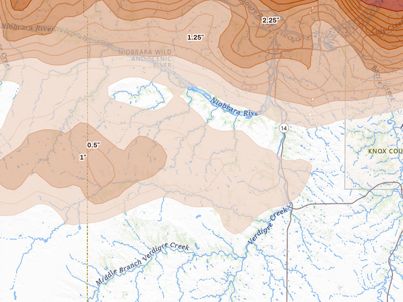 Radar-estimated hail-size map of the storm over Verdigre, NE on Sep 1, 2026