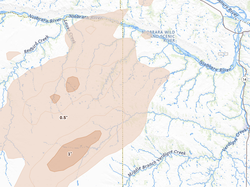 Radar-estimated hail-size map of the storm over Verdigre, NE on Sep 4, 2026
