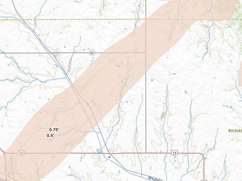 Radar-estimated hail-size map of the storm over Verdon, NE on Apr 3, 2026