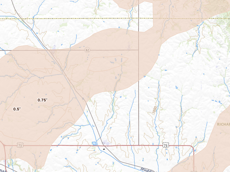 Radar-estimated hail-size map of the storm over Verdon, NE on Apr 23, 2026