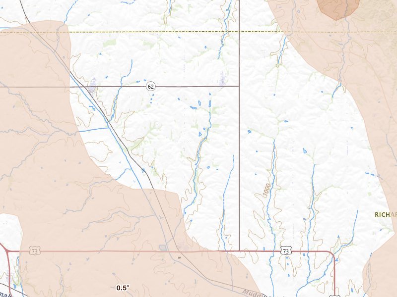 Radar-estimated hail-size map of the storm over Verdon, NE on Jul 3, 2026