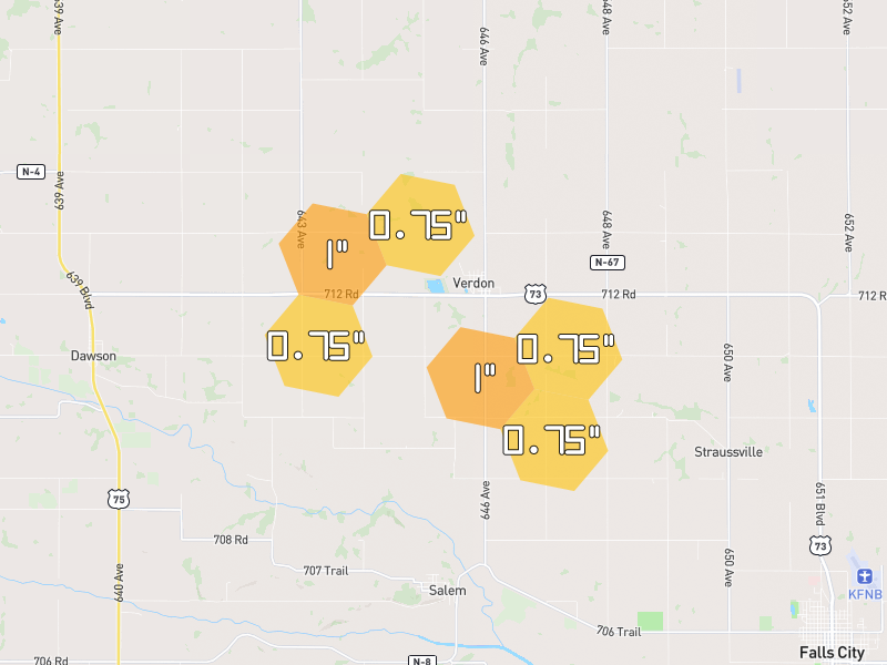 Hail map of Verdon, NE on Jul 4, 2026, hail up to 1"