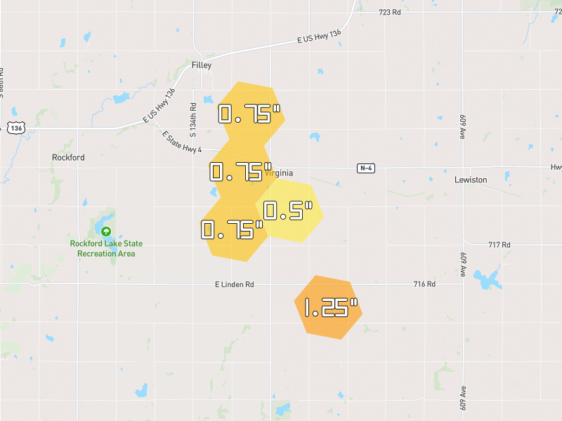 Hail map of Virginia, NE on Jul 4, 2026, hail up to 1.25"