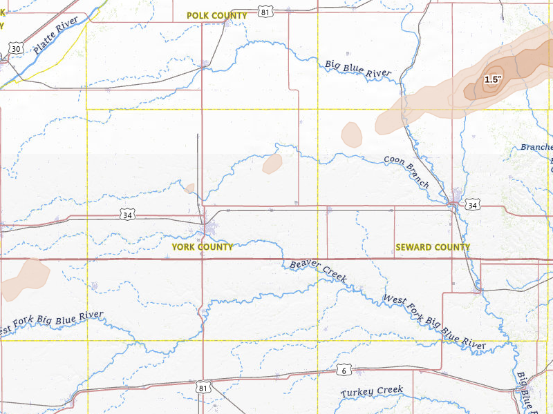 Radar-estimated hail-size map of the storm over Waco, NE