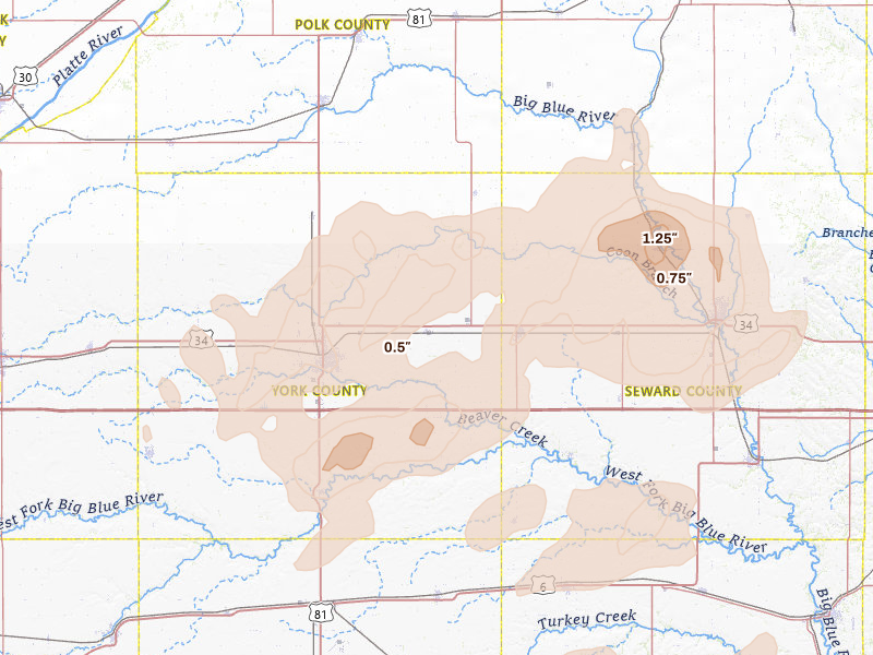 Radar-estimated hail-size map of the storm over Waco, NE on Apr 25, 2026