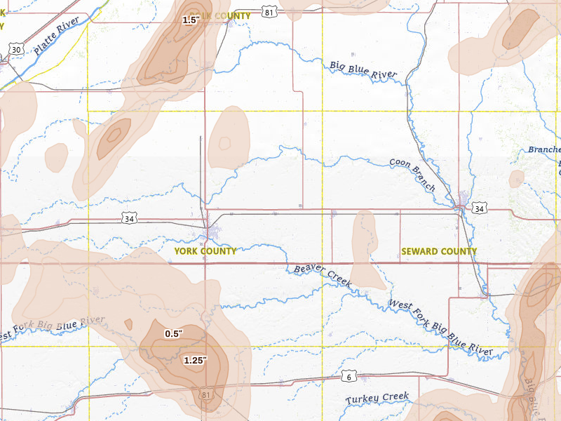 Radar-estimated hail-size map of the storm over Waco, NE on May 16, 2026