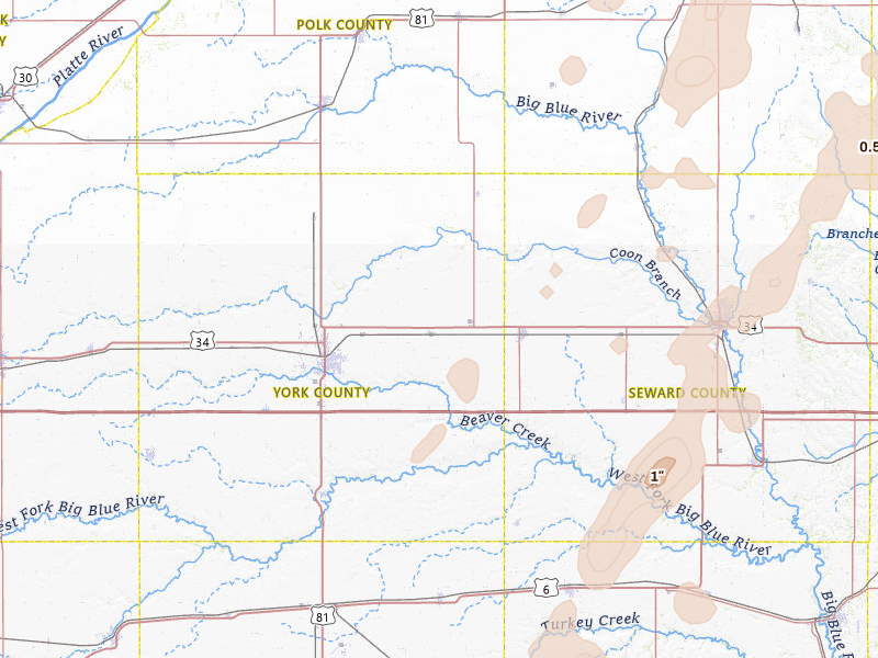 Radar-estimated hail-size map of the storm over Waco, NE on May 18, 2026
