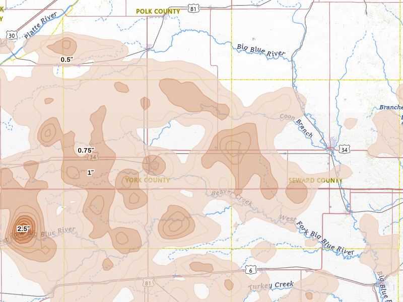 Radar-estimated hail-size map of the storm over Waco, NE on Jun 5, 2026