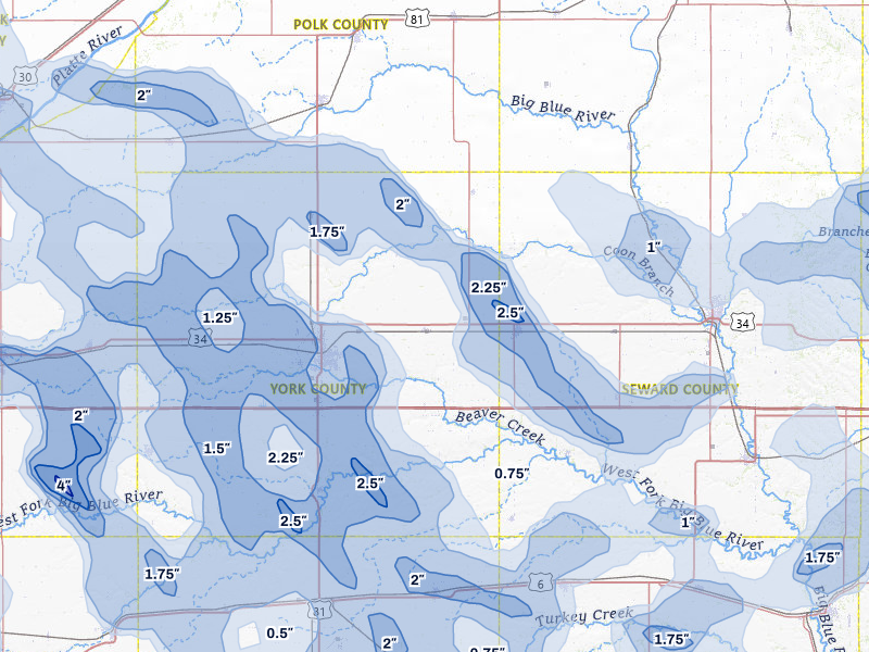 NEXRAD radar-signature map of the hail storm over Waco, NE on Jun 5, 2026