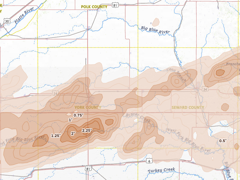 Radar-estimated hail-size map of the storm over Waco, NE on Jun 10, 2026