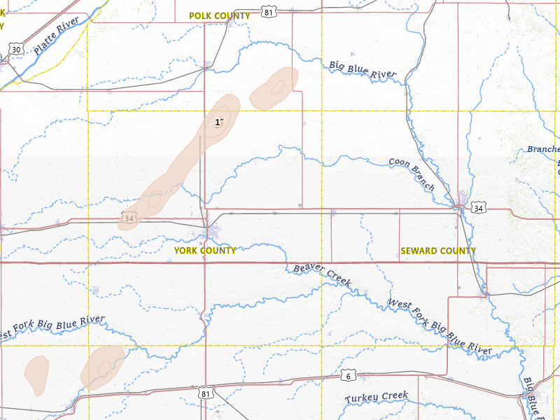 Radar-estimated hail-size map of the storm over Waco, NE on Jul 1, 2026