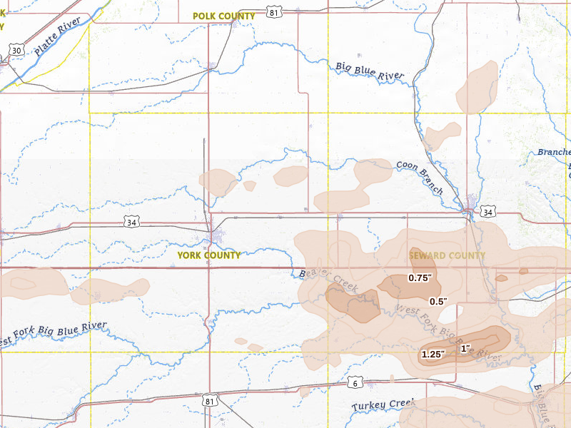 Radar-estimated hail-size map of the storm over Waco, NE on Jul 3, 2026