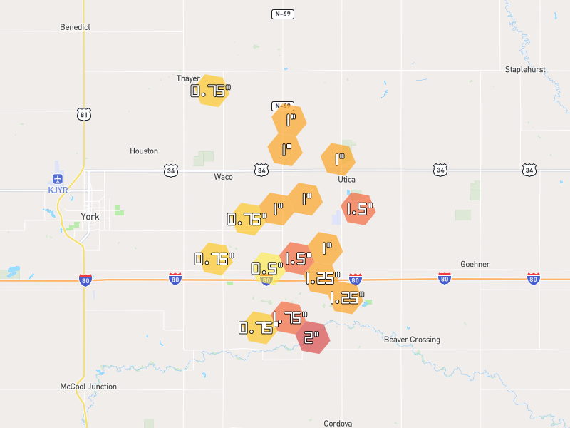 Hail map of Waco, NE on Jul 4, 2026, hail up to 2"