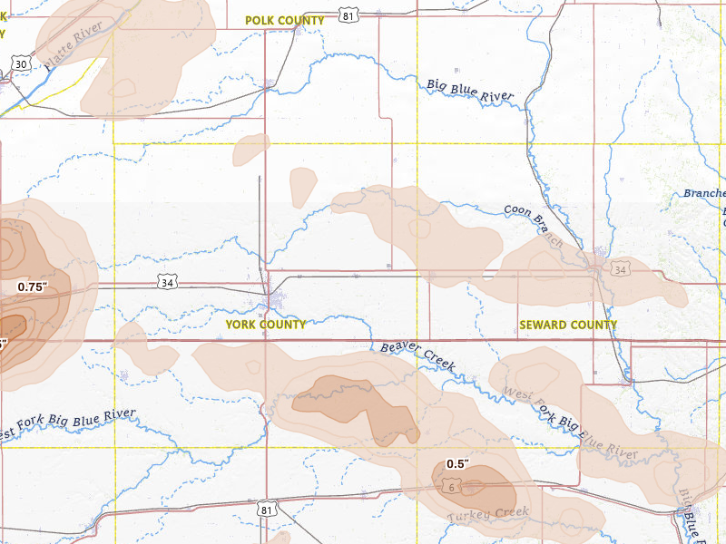 Radar-estimated hail-size map of the storm over Waco, NE on Jul 8, 2026
