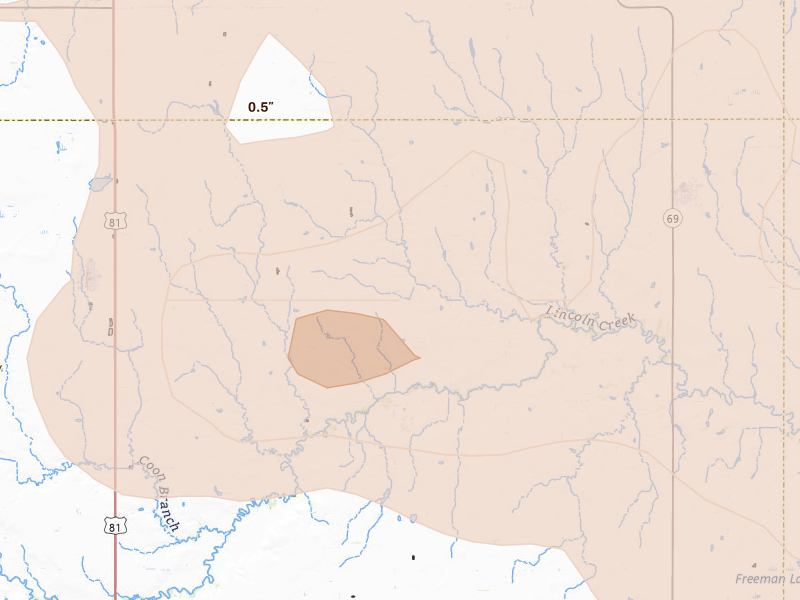 Radar-estimated hail-size map of the storm over Waco, NE on Aug 19, 2026