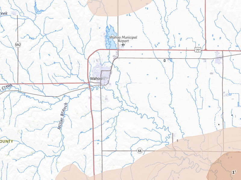 Radar-estimated hail-size map of the storm over Wahoo, NE on May 16, 2026