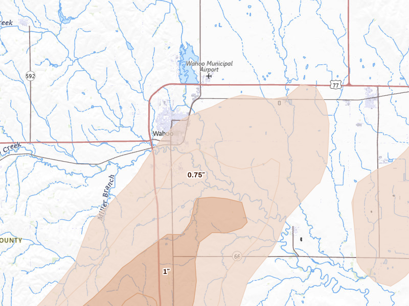 Radar-estimated hail-size map of the storm over Wahoo, NE on Jun 9, 2026