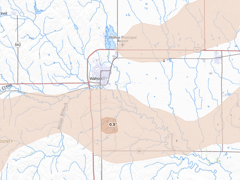 Radar-estimated hail-size map of the storm over Wahoo, NE on Jul 3, 2026