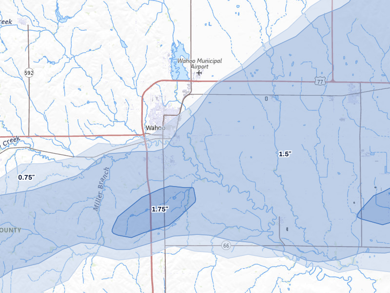 NEXRAD radar-signature map of the hail storm over Wahoo, NE on Jul 3, 2026