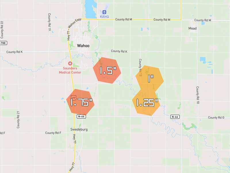 Hail map of Wahoo, NE on Jul 4, 2026, hail up to 1.75"