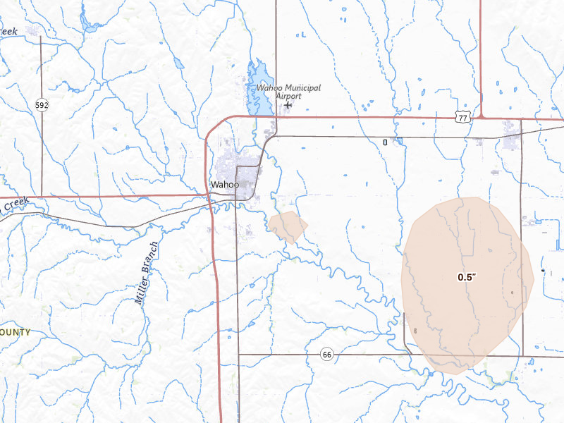Radar-estimated hail-size map of the storm over Wahoo, NE on Aug 8, 2026