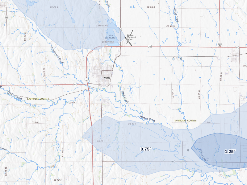 NEXRAD radar-signature map of the hail storm over Wahoo, NE on Aug 8, 2026