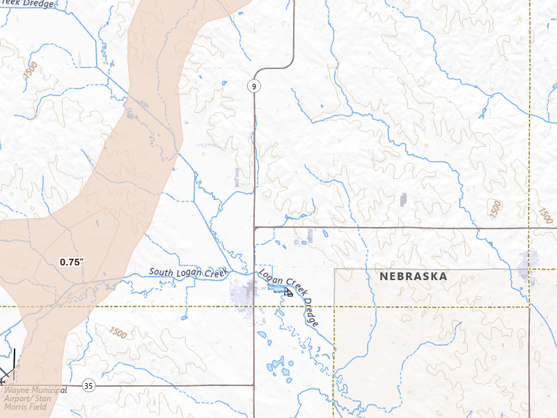 Radar-estimated hail-size map of the storm over Wakefield, NE on May 18, 2026