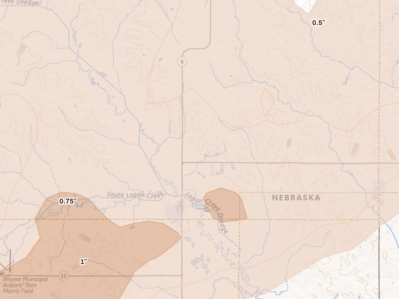 Radar-estimated hail-size map of the storm over Wakefield, NE on Jun 29, 2026