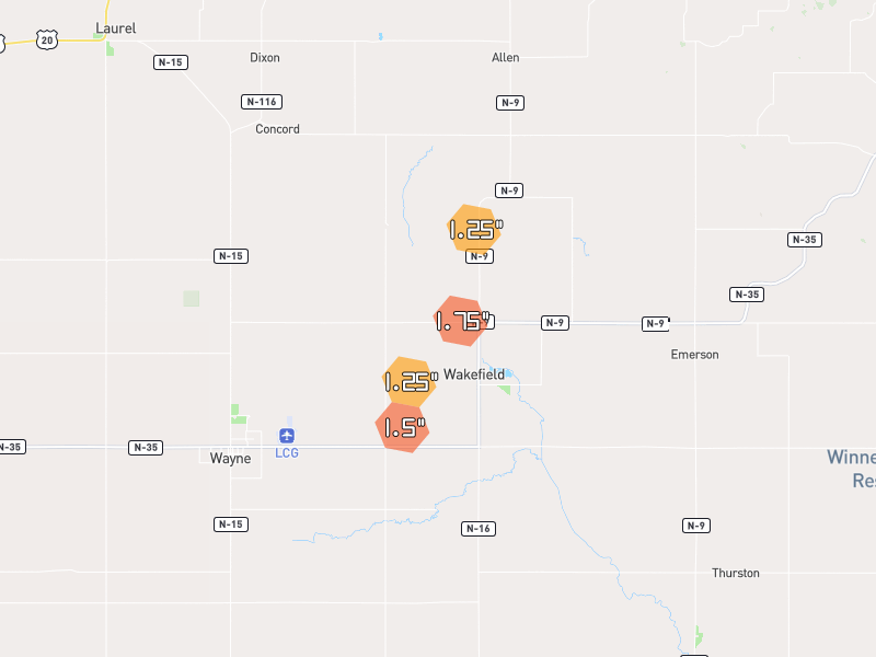 Hail map of Wakefield, NE on Jun 30, 2026, hail up to 1.75"