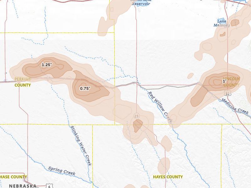 Radar-estimated hail-size map of the storm over Wallace, NE on May 16, 2026