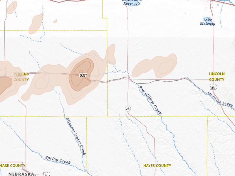 Radar-estimated hail-size map of the storm over Wallace, NE on Jun 7, 2026