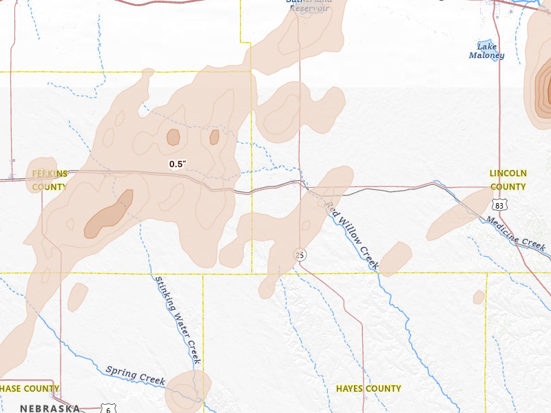 Radar-estimated hail-size map of the storm over Wallace, NE on Jun 8, 2026