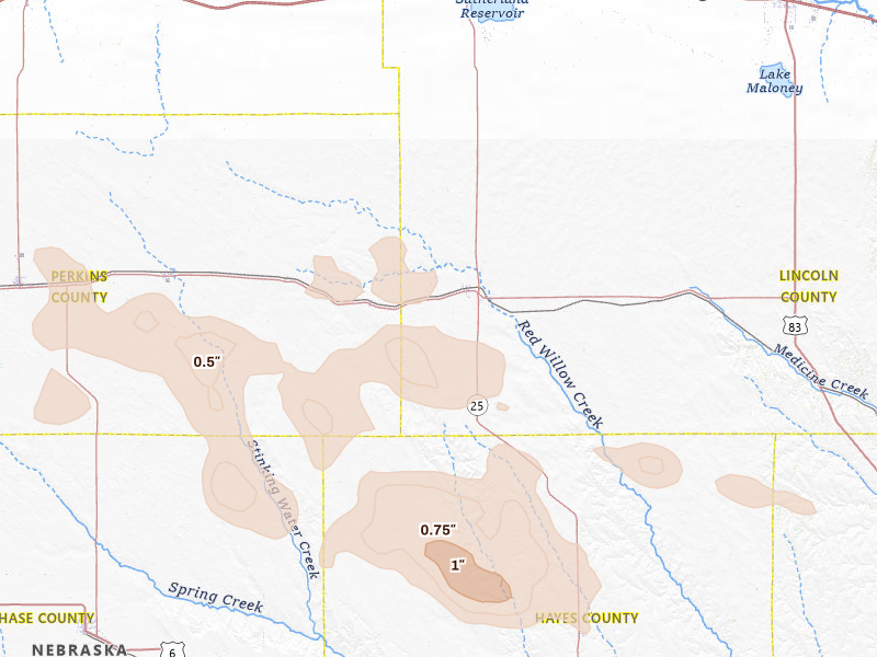 Radar-estimated hail-size map of the storm over Wallace, NE on Jun 23, 2026