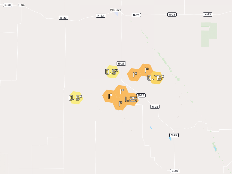 Hail map of Wallace, NE on Jul 1, 2026, hail up to 1.25"