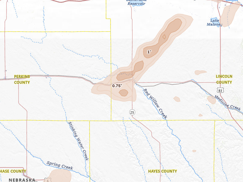 Radar-estimated hail-size map of the storm over Wallace, NE on Jul 9, 2026