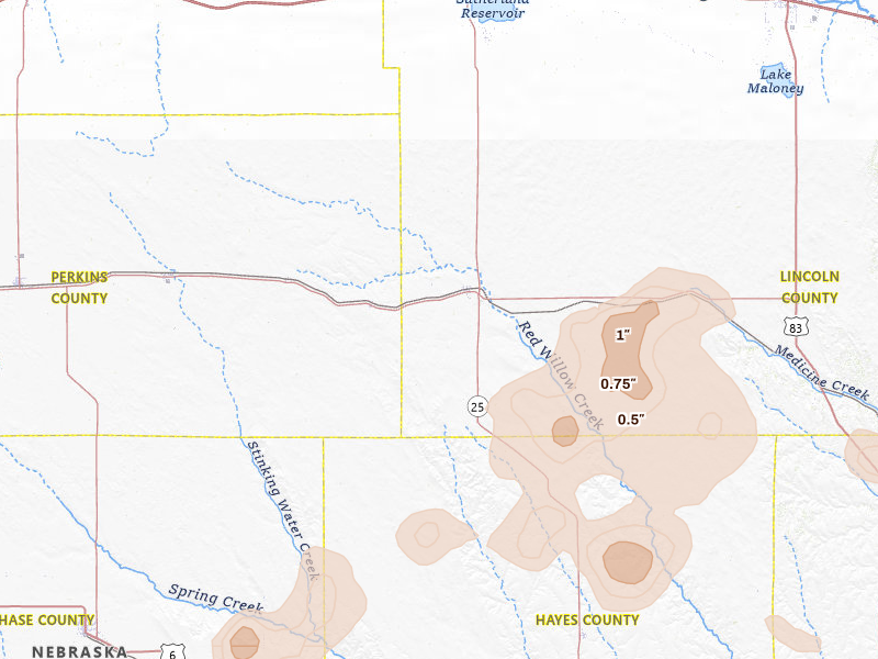 Radar-estimated hail-size map of the storm over Wallace, NE on Jul 27, 2026