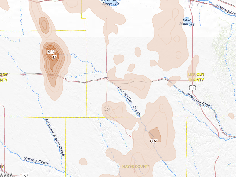 Radar-estimated hail-size map of the storm over Wallace, NE on Aug 27, 2026