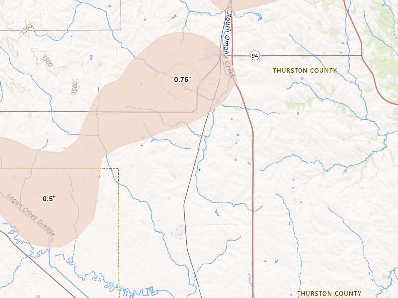 Radar-estimated hail-size map of the storm over Walthill, NE on May 18, 2026