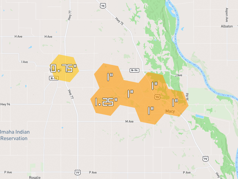 Hail map of Walthill, NE on Jun 1, 2026, hail up to 1.25"