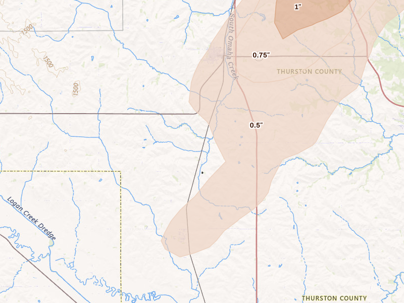 Radar-estimated hail-size map of the storm over Walthill, NE on Jul 1, 2026