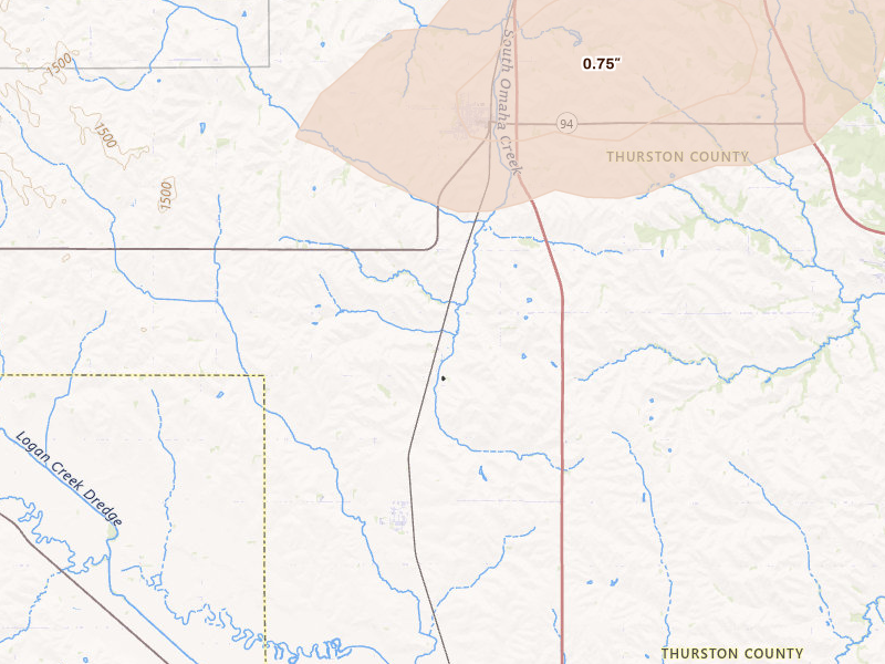 Radar-estimated hail-size map of the storm over Walthill, NE on Jul 8, 2026