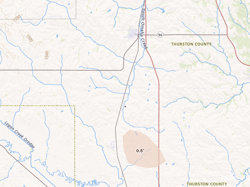 Radar-estimated hail-size map of the storm over Walthill, NE on Jul 26, 2026